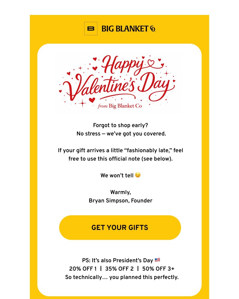 Screenshot of email sent to a Big Blanket Co. Newsletter subscriber