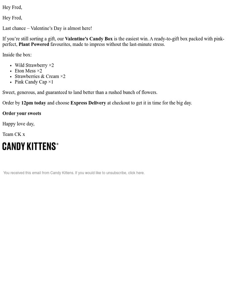 Screenshot of email sent to a Candy Kittens Newsletter subscriber