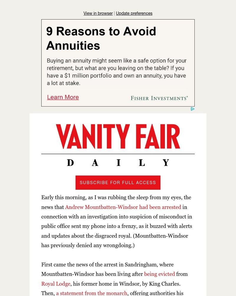 Screenshot of email sent to a Vanity Fair Newsletter subscriber