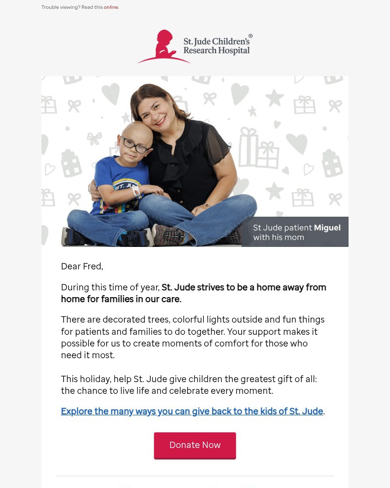 Screenshot of email sent to a St. Jude Newsletter subscriber