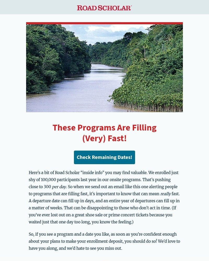 Screenshot of email sent to a Road Scholar Newsletter subscriber