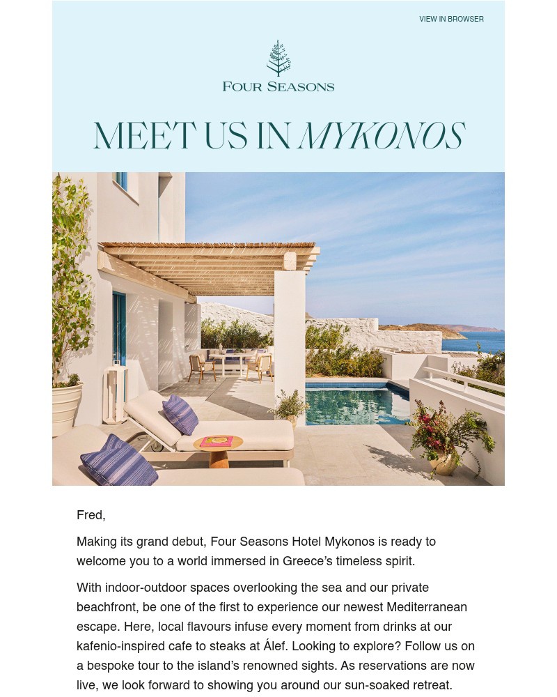 Screenshot of email sent to a Four Seasons Registered user