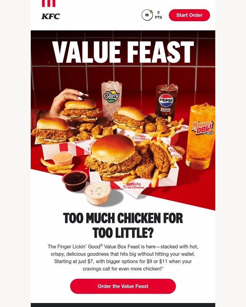 Screenshot of email sent to a Kentucky Fried Chicken Registered user