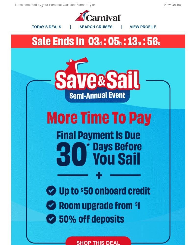 Screenshot of email sent to a Carnival Cruise Line Registered user