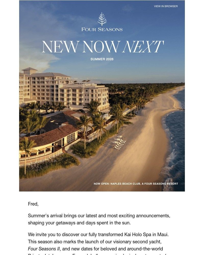 Screenshot of email sent to a Four Seasons Registered user