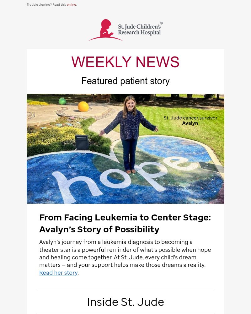 Screenshot of email sent to a St. Jude Newsletter subscriber