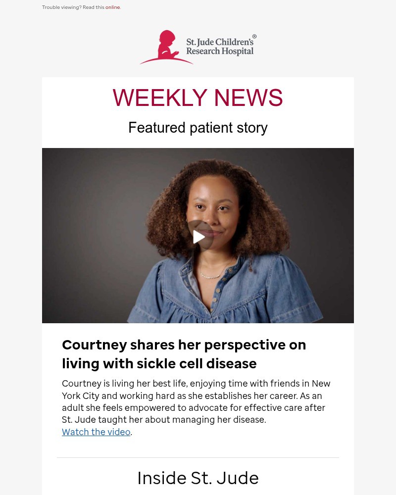 Screenshot of email sent to a St. Jude Newsletter subscriber