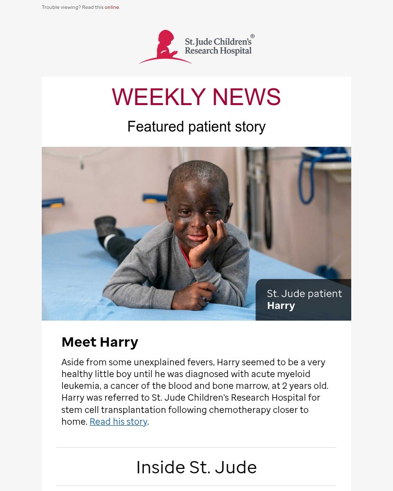 Screenshot of email sent to a St. Jude Newsletter subscriber