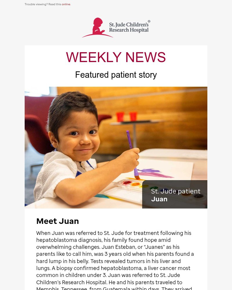 Screenshot of email sent to a St. Jude Newsletter subscriber