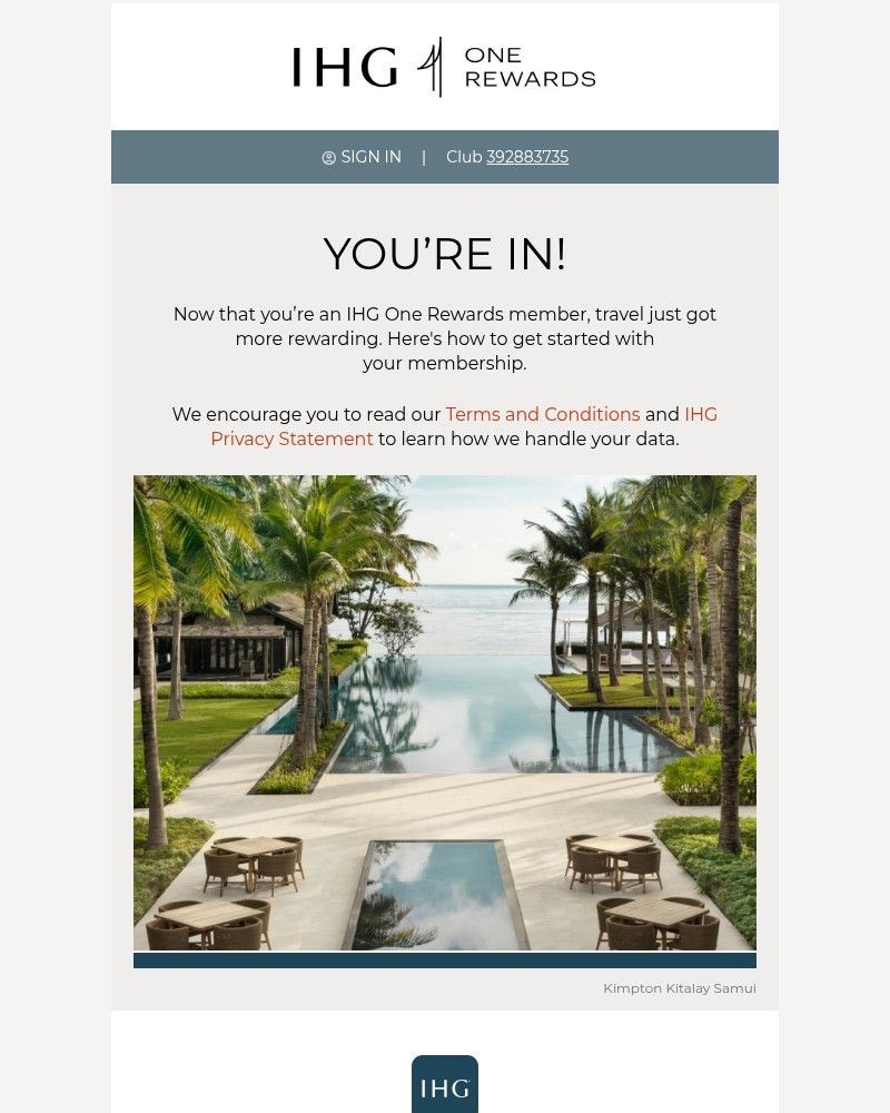 Screenshot of email sent to a IHG Hotels & Resorts Registered user
