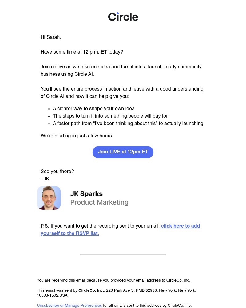 Screenshot of email sent to a Circle Registered user