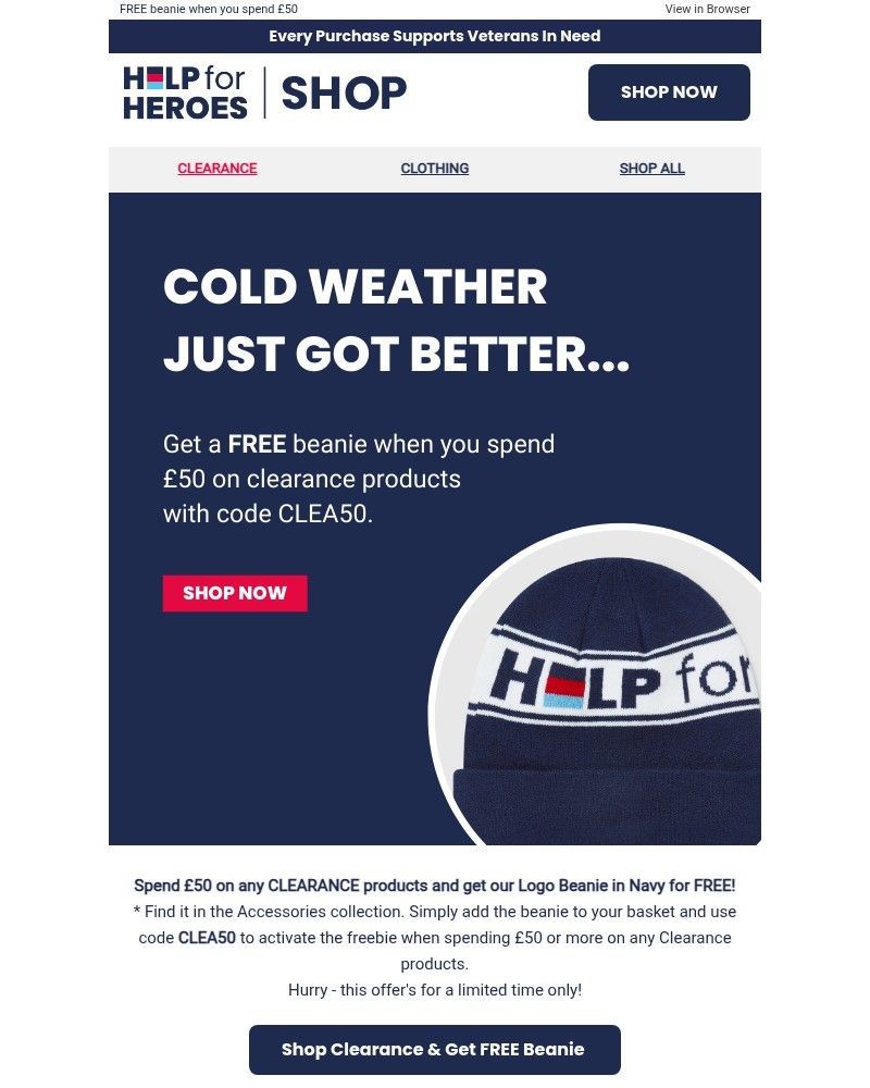Screenshot of email sent to a Help for Heroes Newsletter subscriber