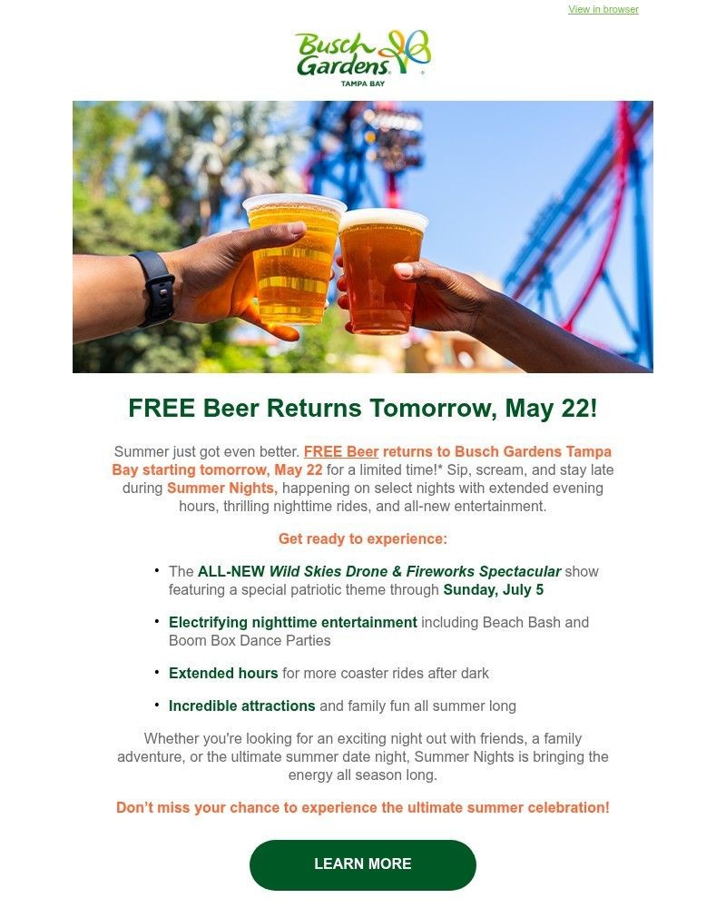 Screenshot of email sent to a Busch Gardens Newsletter subscriber