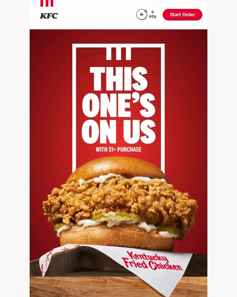Screenshot of email sent to a Kentucky Fried Chicken Registered user