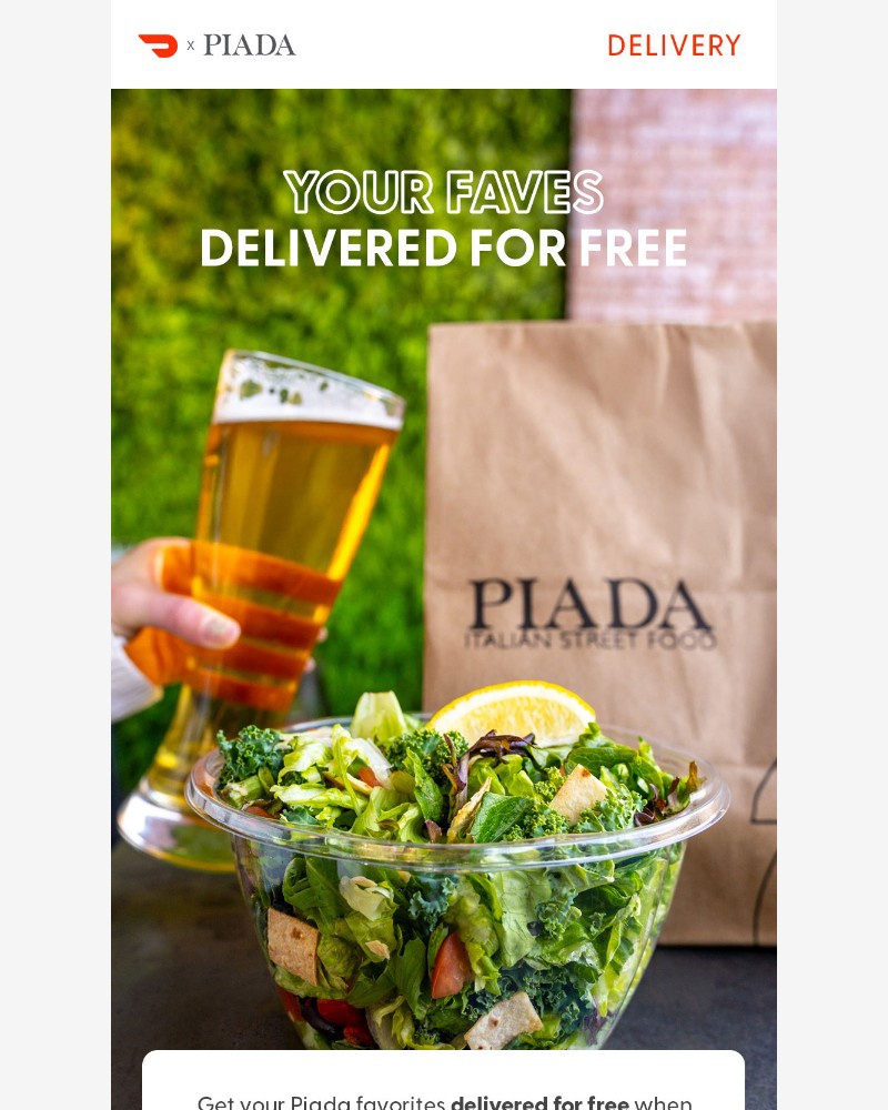 Screenshot of email sent to a Piada Italian Street Food Newsletter subscriber