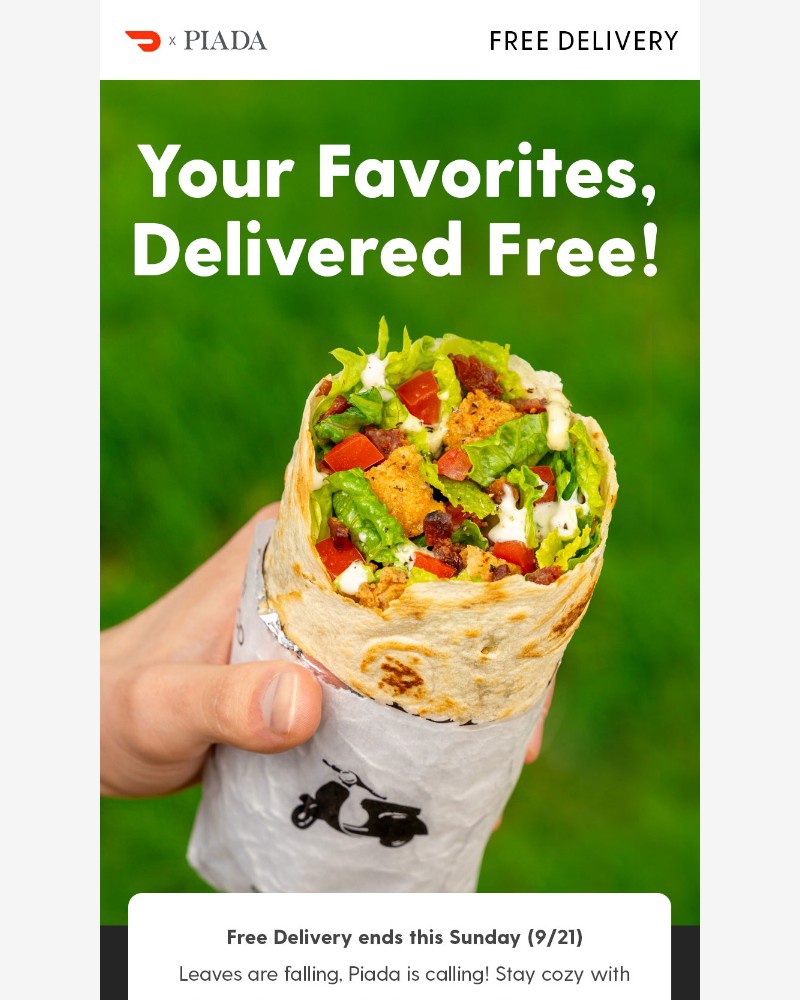 Screenshot of email sent to a Piada Italian Street Food Newsletter subscriber