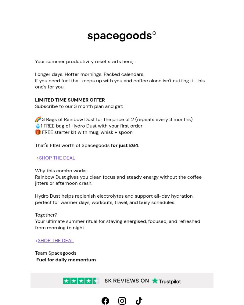 Screenshot of email sent to a Spacegoods Newsletter subscriber