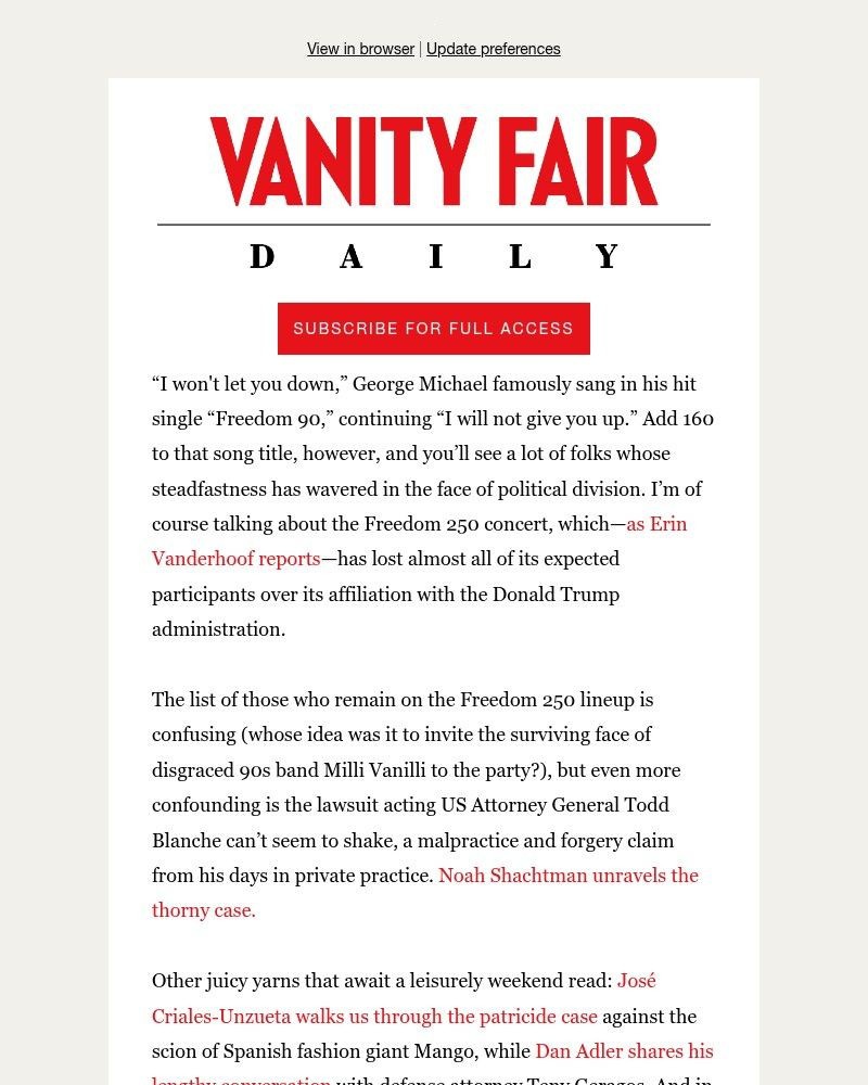 Screenshot of email sent to a Vanity Fair Newsletter subscriber