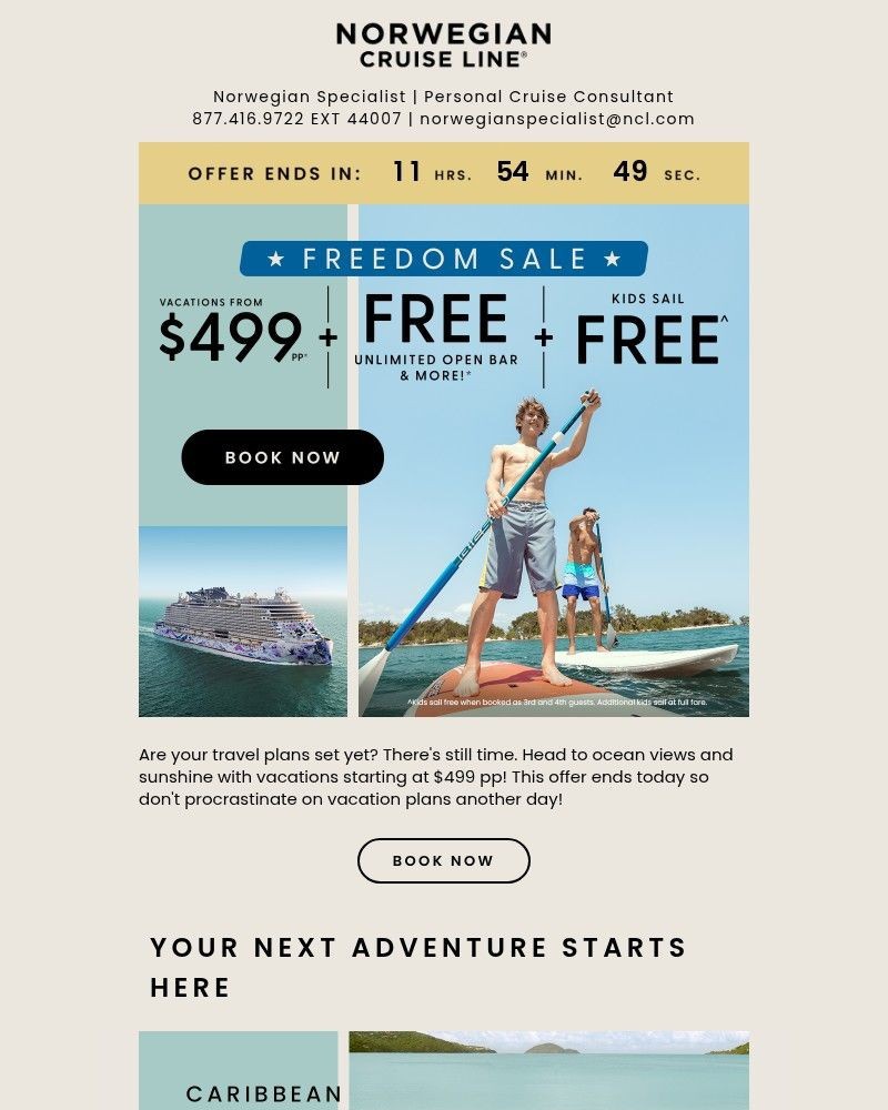 Screenshot of email sent to a Norwegian Cruise Line Newsletter subscriber