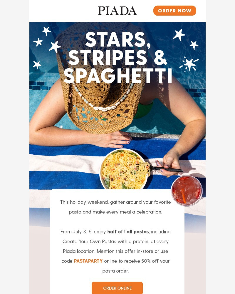 Screenshot of email sent to a Piada Italian Street Food Newsletter subscriber