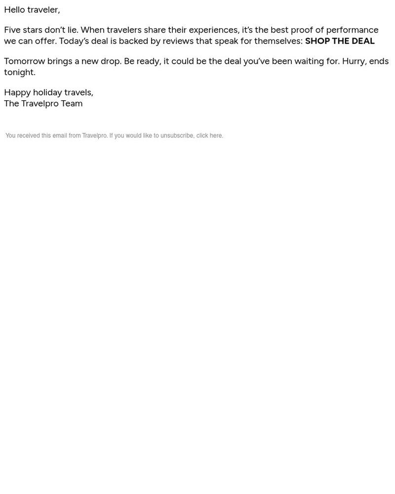 Screenshot of email sent to a Travelpro Newsletter subscriber