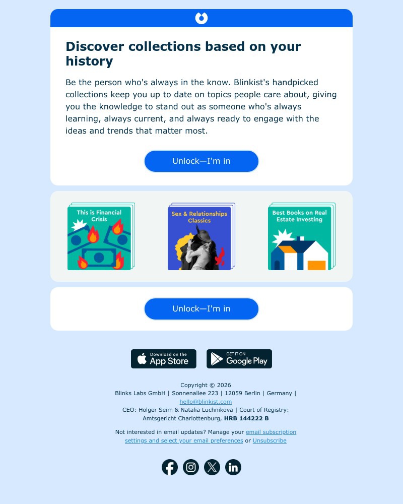 Screenshot of email sent to a Blinkist Registered user