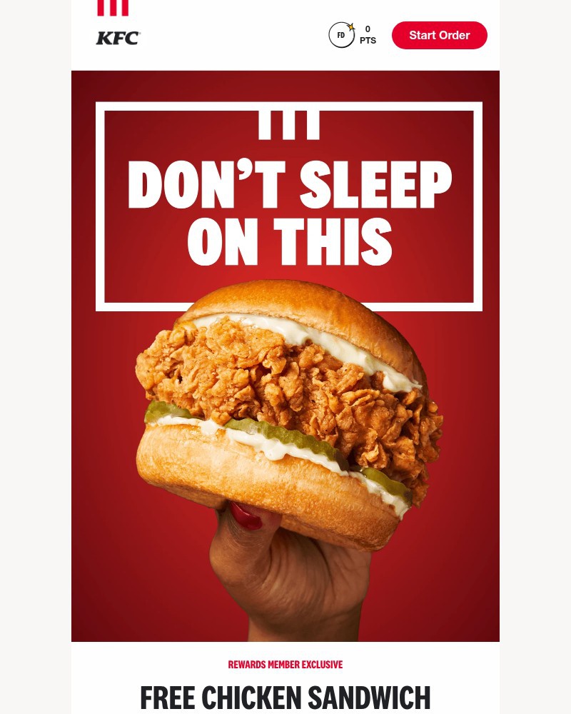 Screenshot of email sent to a Kentucky Fried Chicken Registered user