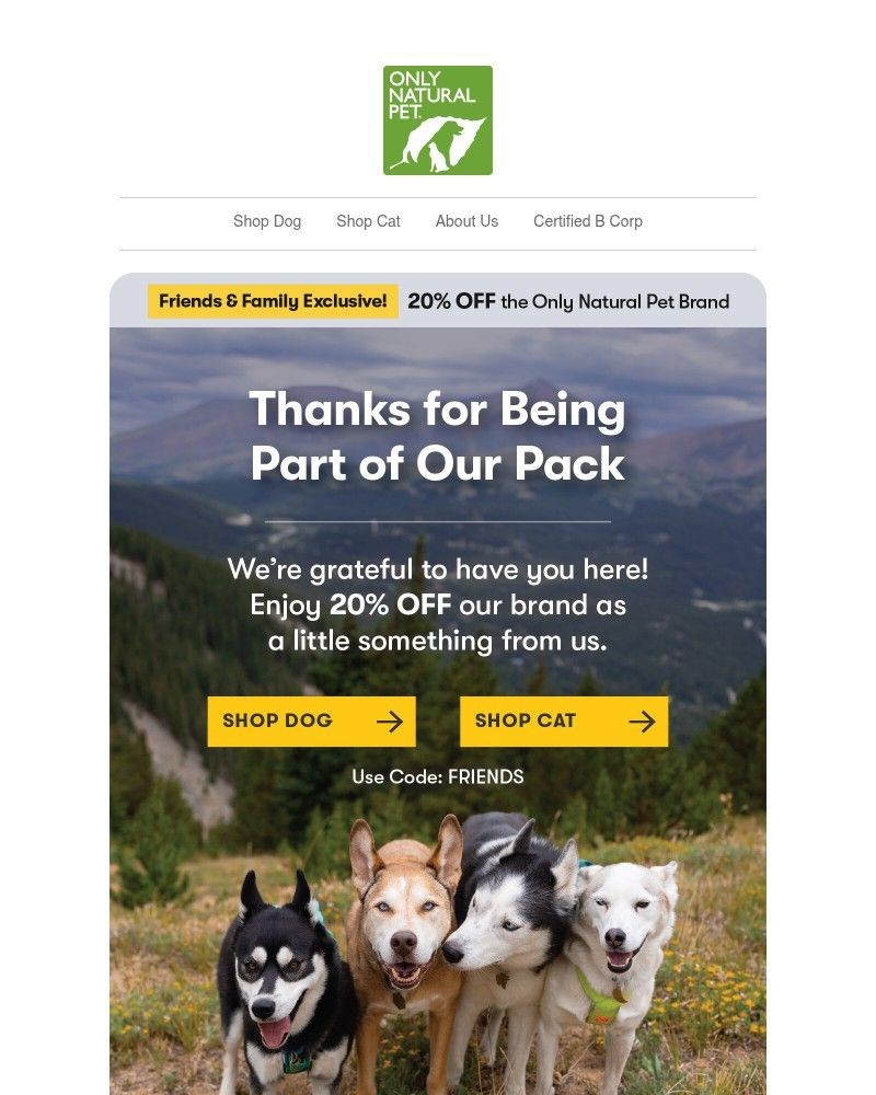 Screenshot of email sent to a Only Natural Pet Newsletter subscriber