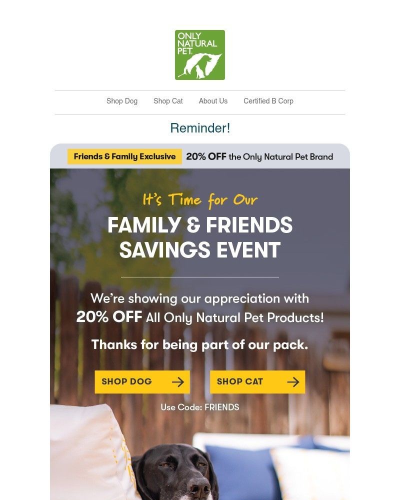 Screenshot of email sent to a Only Natural Pet Newsletter subscriber