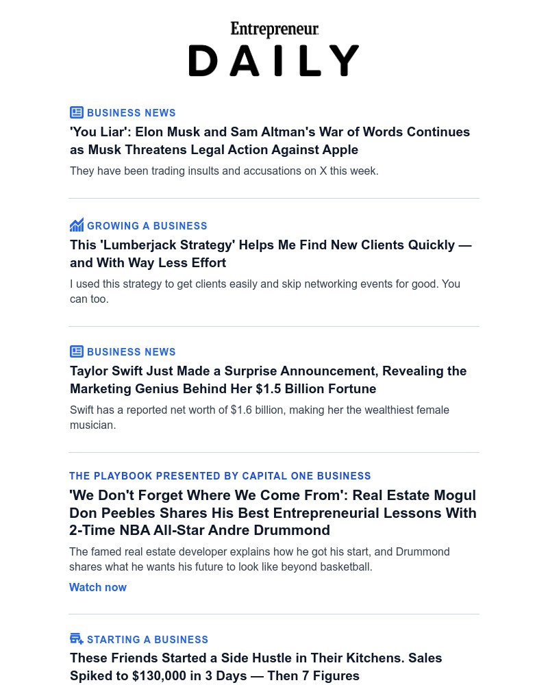 Screenshot of email sent to a Entrepreneur Newsletter subscriber