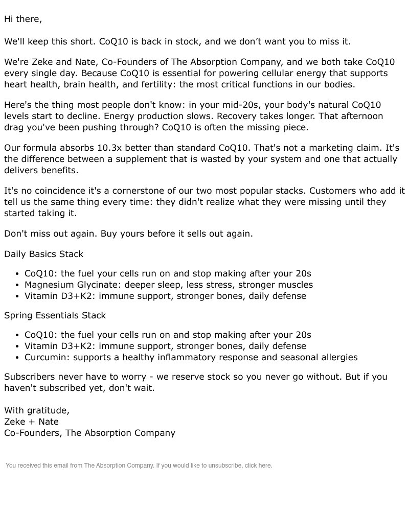 Screenshot of email sent to a The Absorption Company Newsletter subscriber
