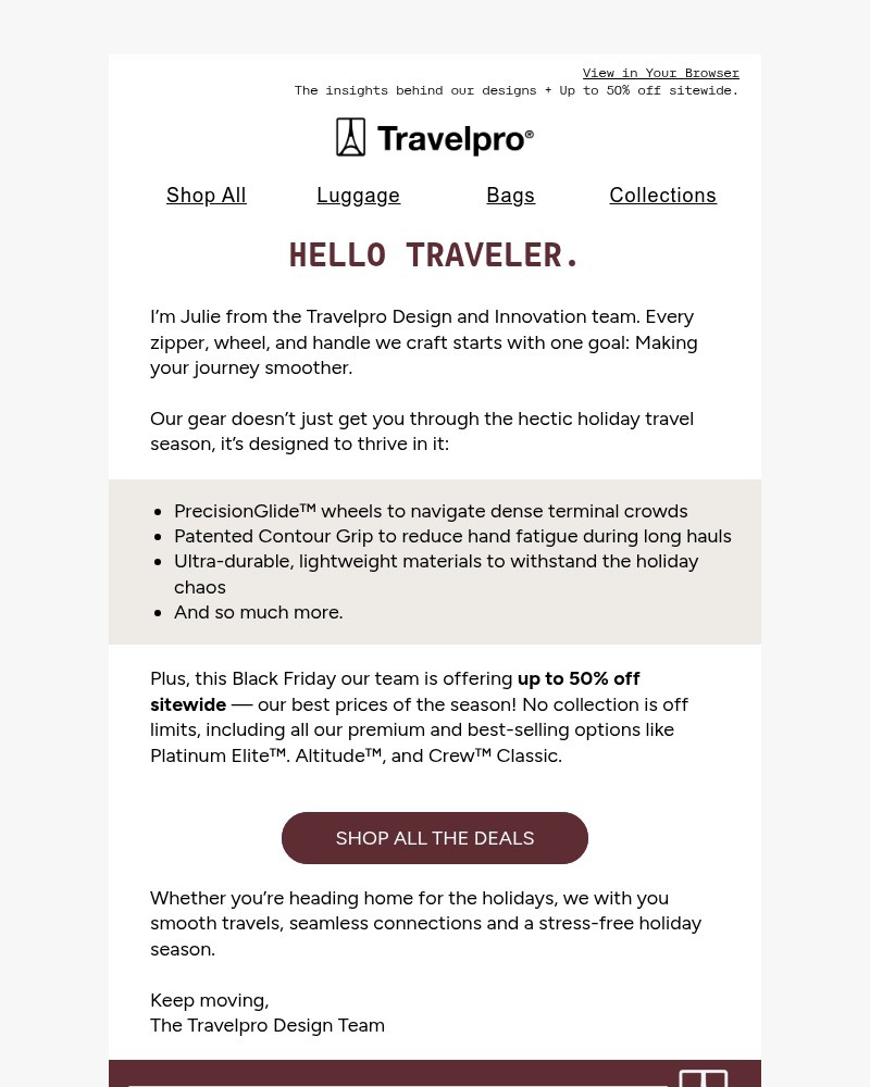 Screenshot of email sent to a Travelpro Newsletter subscriber
