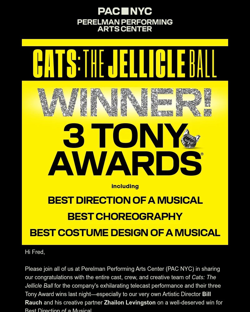 Screenshot of email sent to a Perelman Performing Arts Center (PAC NYC) Newsletter subscriber
