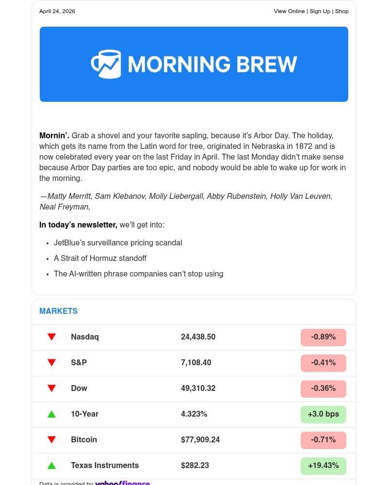 Screenshot of email sent to a Morning Brew Newsletter subscriber