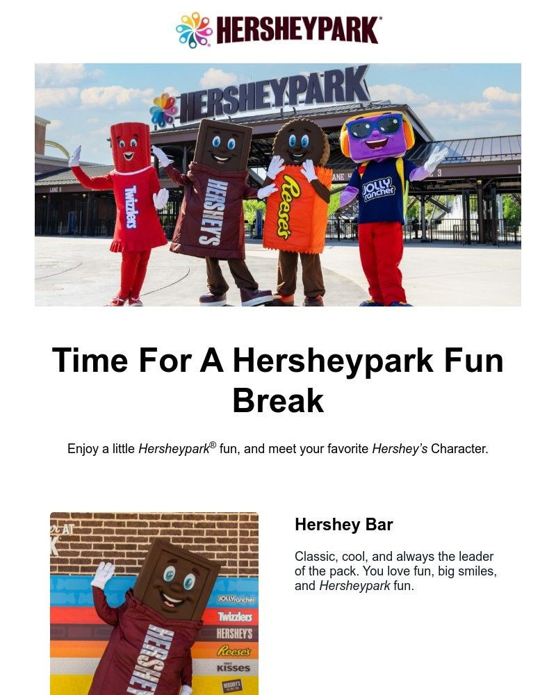 Screenshot of email sent to a Hershey Park Newsletter subscriber