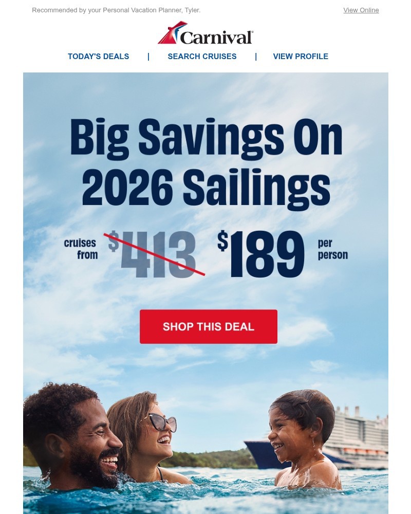 Screenshot of email sent to a Carnival Cruise Line Registered user