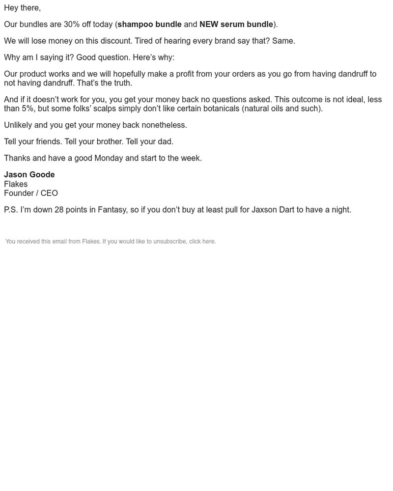 Screenshot of email sent to a Flakes Newsletter subscriber