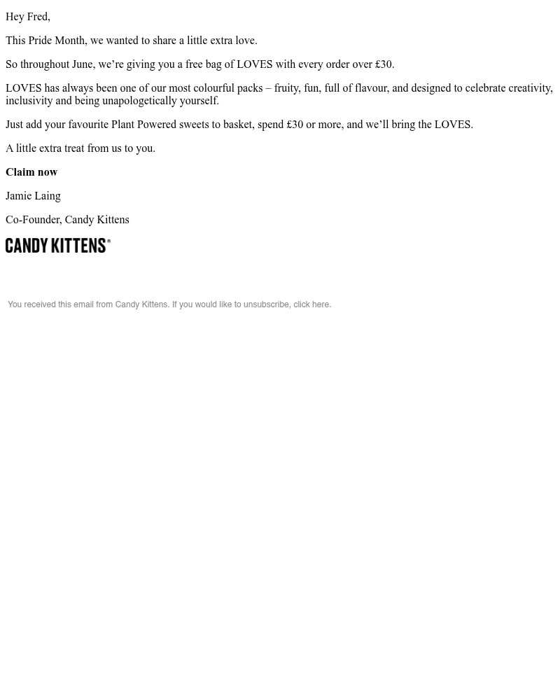 Screenshot of email sent to a Candy Kittens Newsletter subscriber
