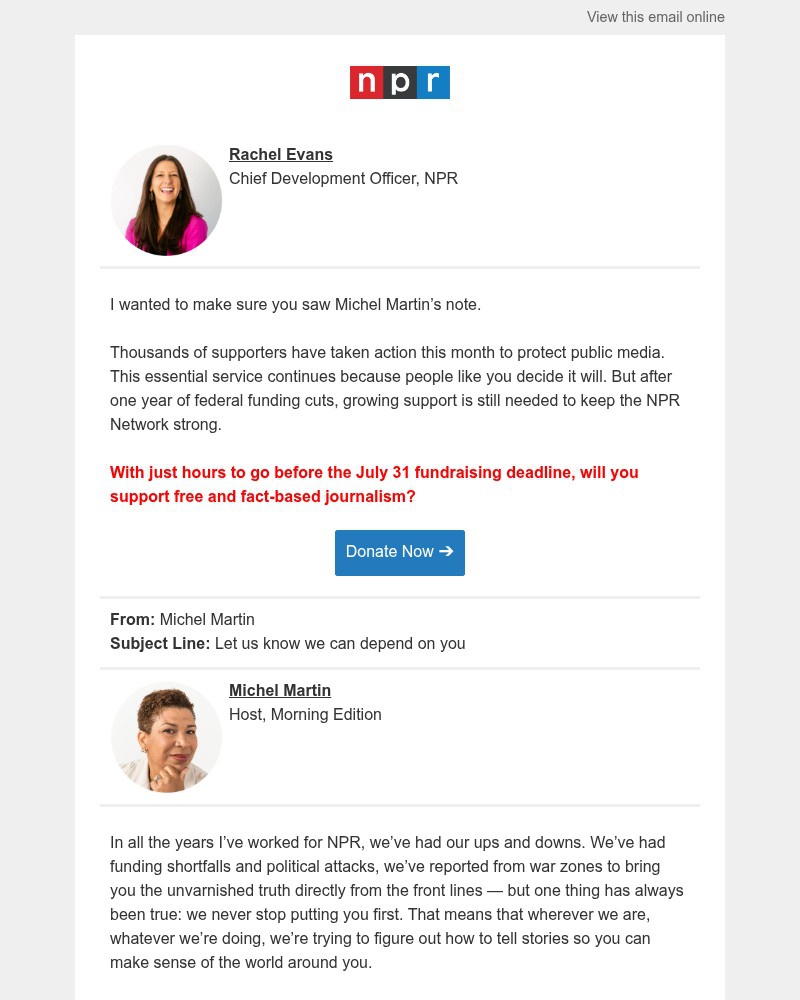 Screenshot of email sent to a NPR Newsletter subscriber