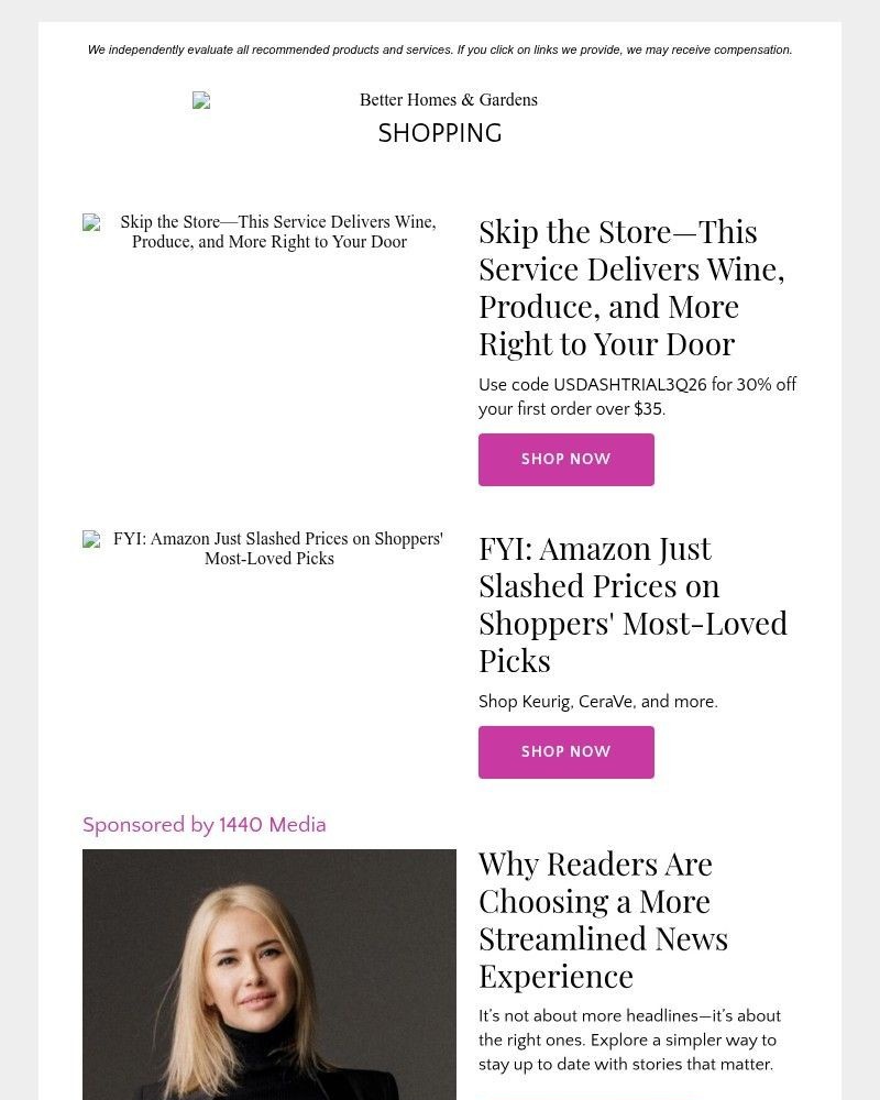 Screenshot of email sent to a Better Homes and Gardens Newsletter subscriber