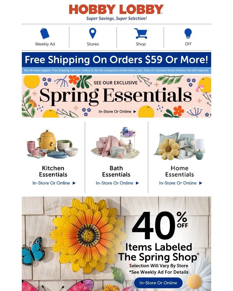 Screenshot of email sent to a Hobby Lobby Newsletter subscriber