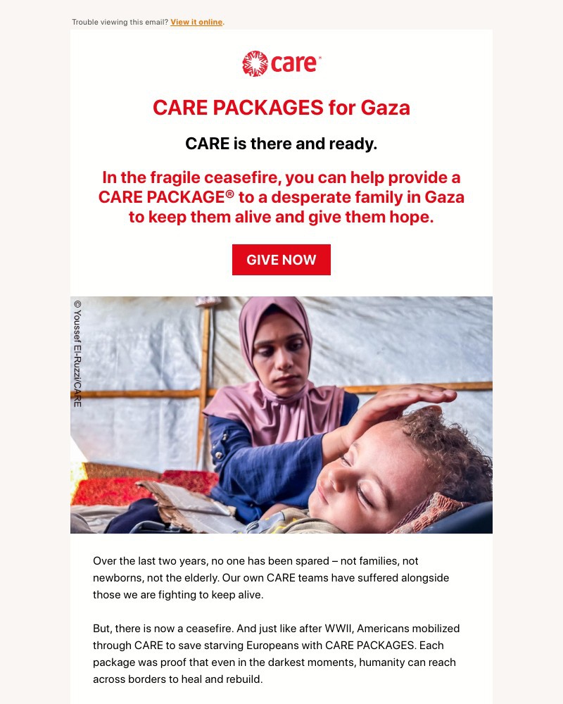 Screenshot of email sent to a Care Newsletter subscriber