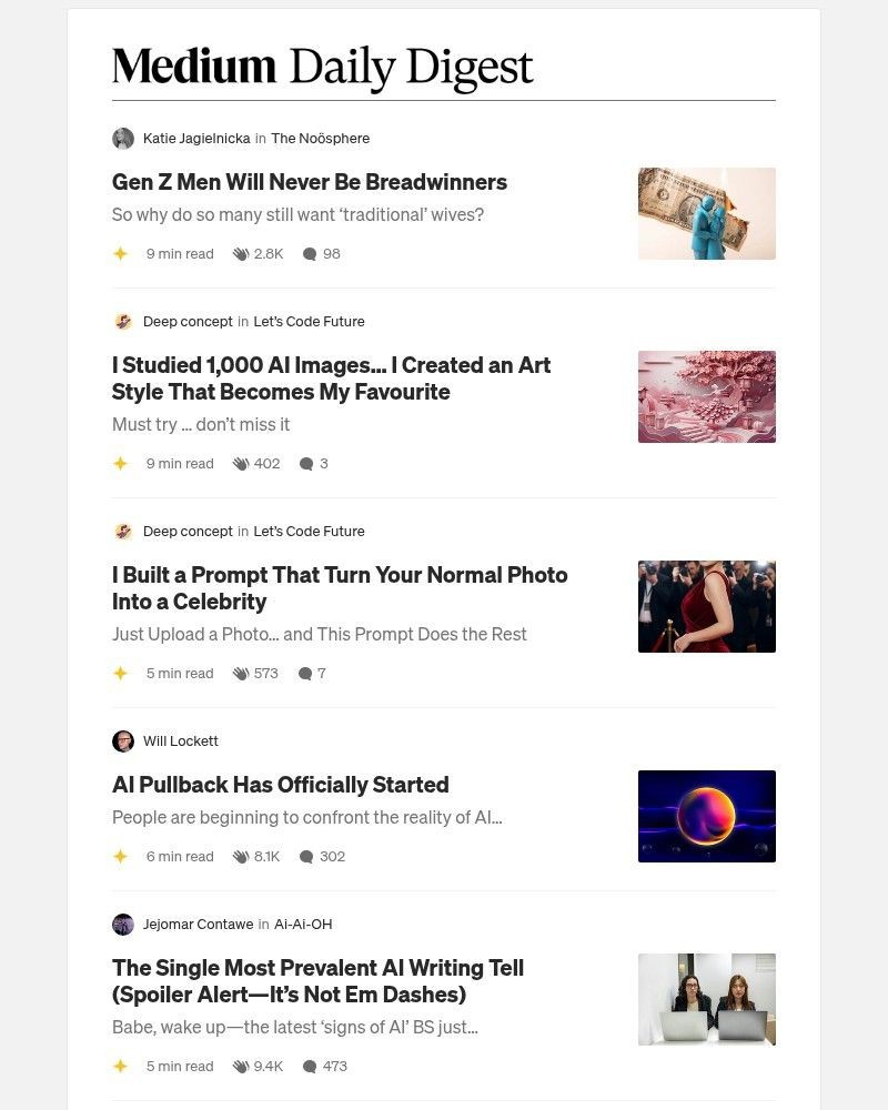 Screenshot of email sent to a Medium Registered user