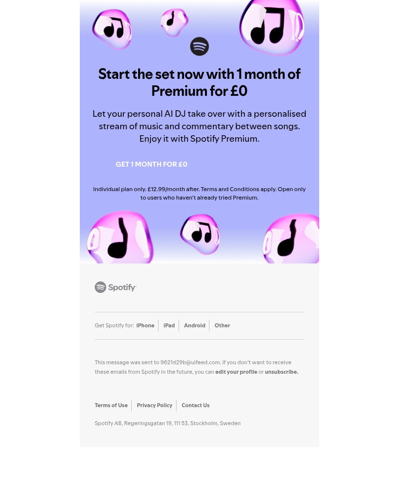 Screenshot of email sent to a Spotify Registered user