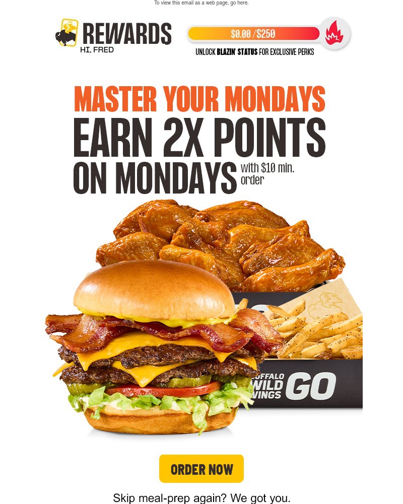 Screenshot of email sent to a Buffalo Wild Wings Registered user