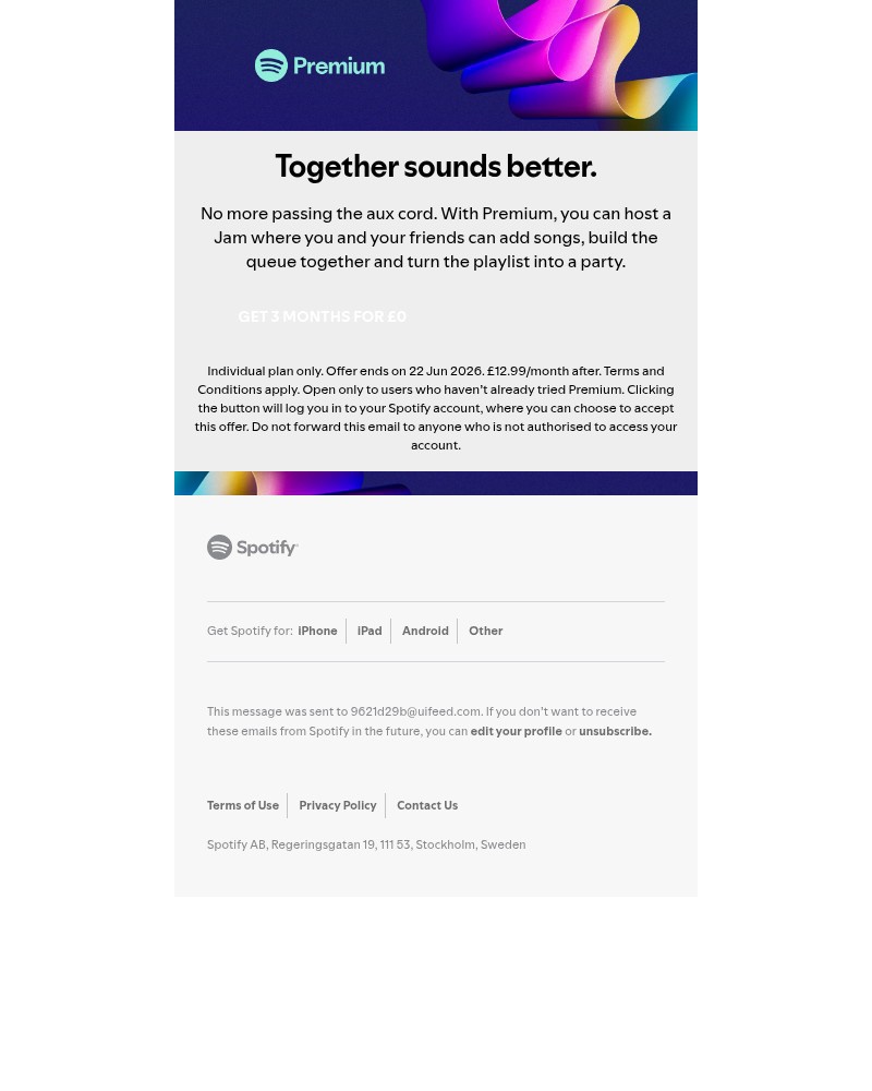 Screenshot of email sent to a Spotify Registered user