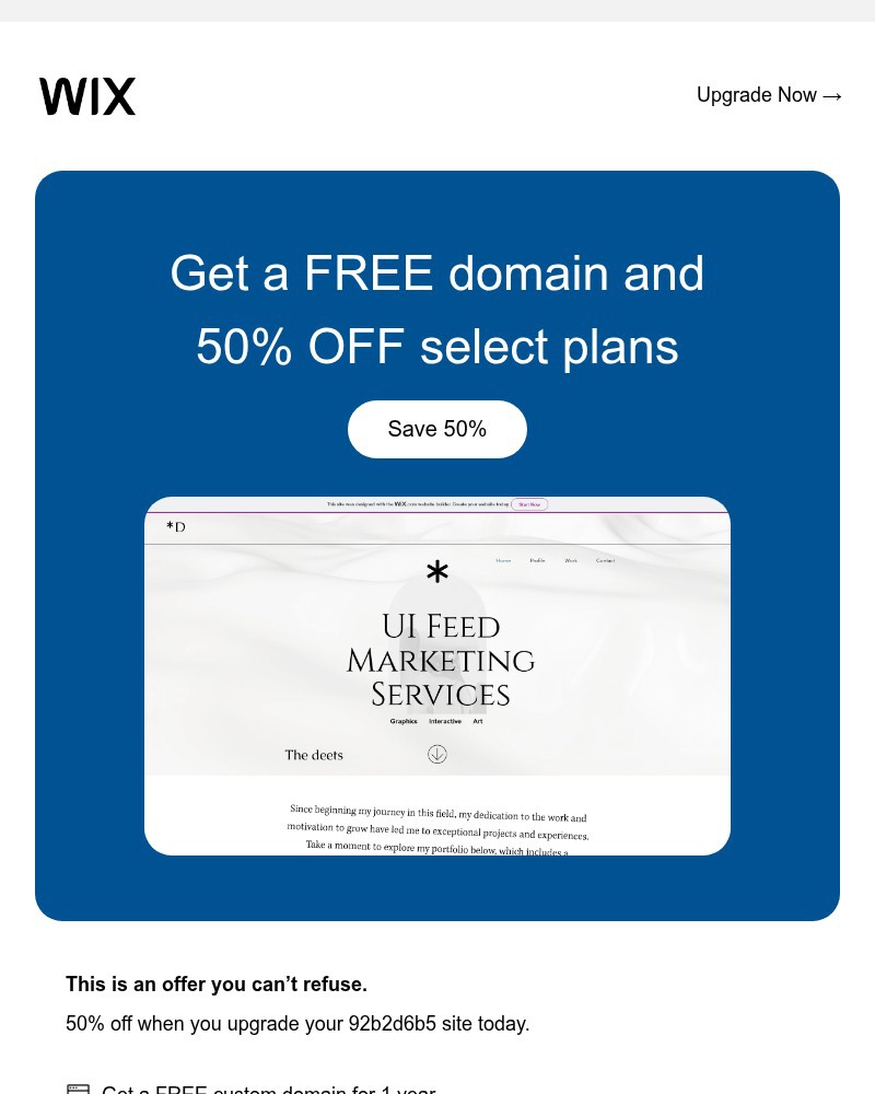 Screenshot of email sent to a Wix Registered user