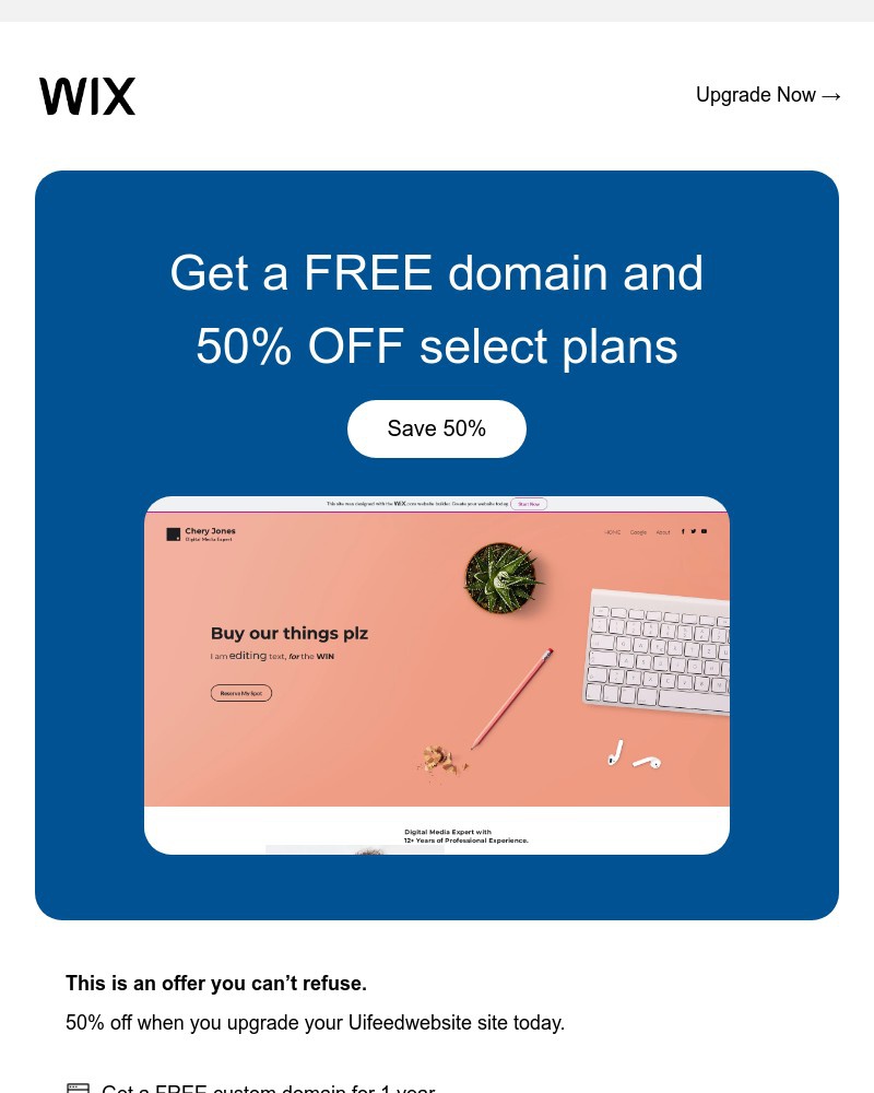 Screenshot of email sent to a Wix Registered user