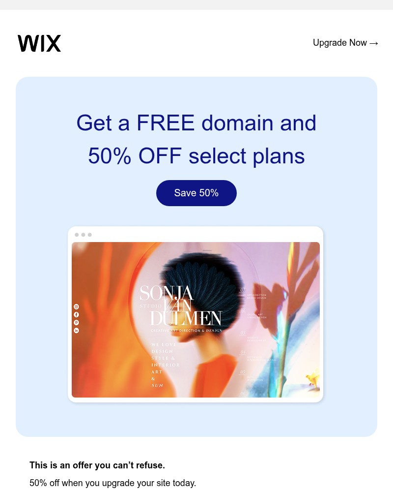 Screenshot of email sent to a Wix Registered user