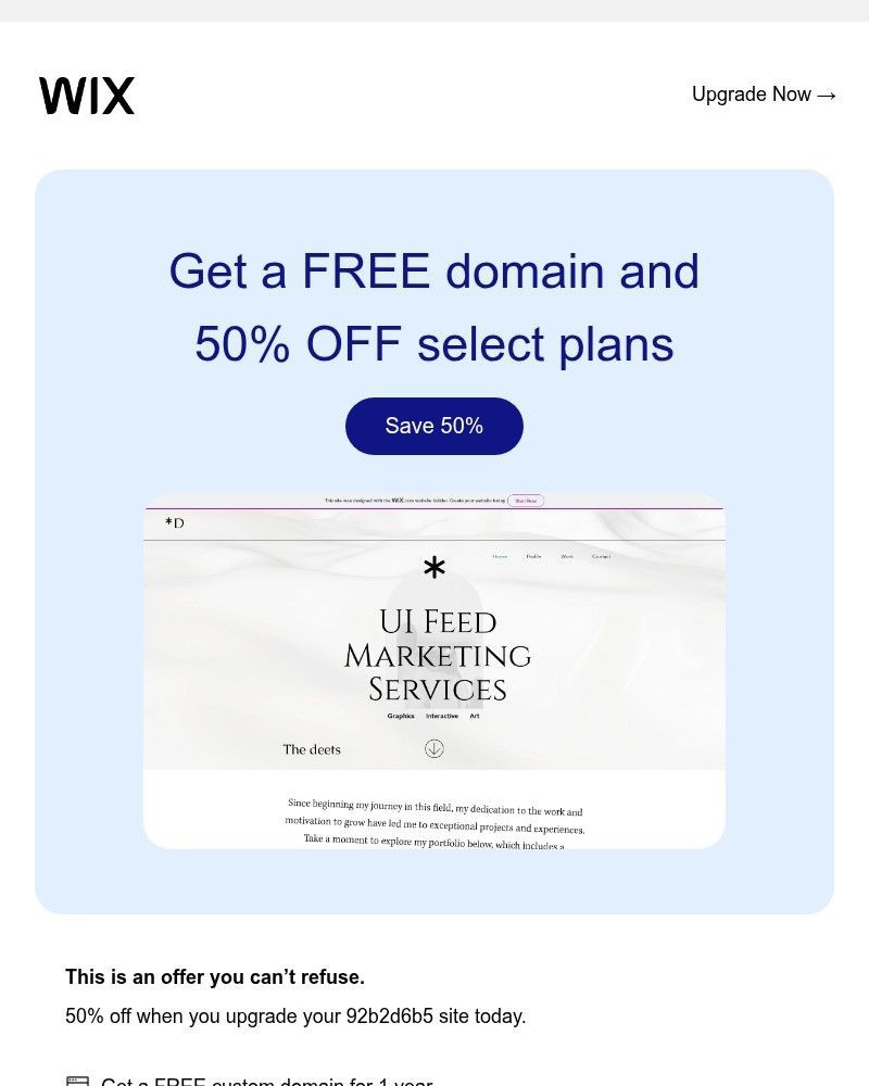 Screenshot of email sent to a Wix Registered user
